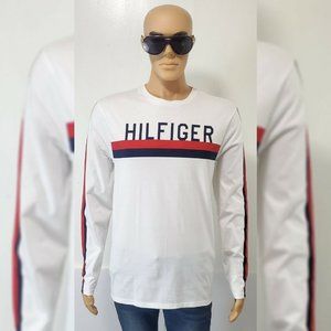 TOMMY HILFIGER LONG SLEEVE TSHIRTS MEN'S CREW NECK BIG STRIPE LOGO SIZE L WHITE